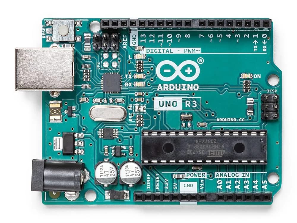 An Arduino board wired on a breadboard